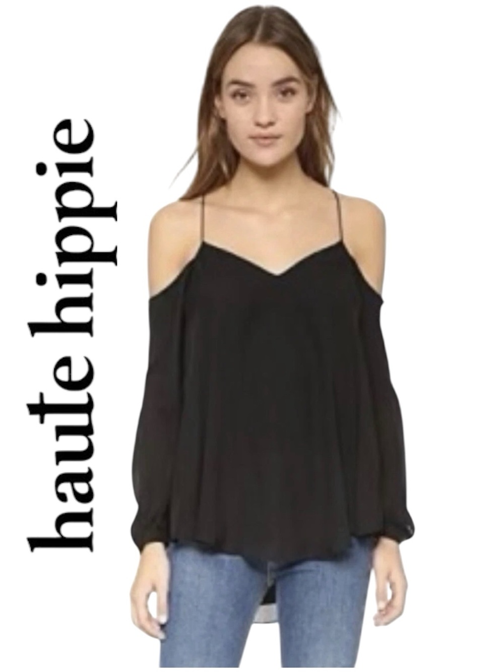 Haute Hippie • Black Long Sleeve Cold Shoulder Silk Top || XS